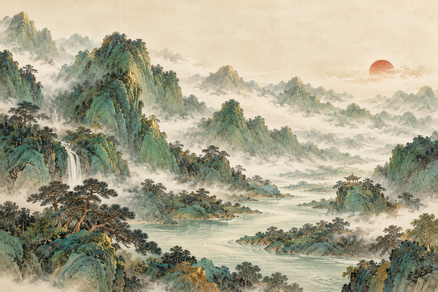 墨绿层山之间，流水经过静亭，朱砂色的日轮映在远山之上